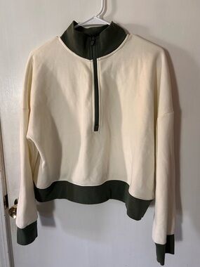 Fabletics Cream Half-Zip Pullover with Olive Trim